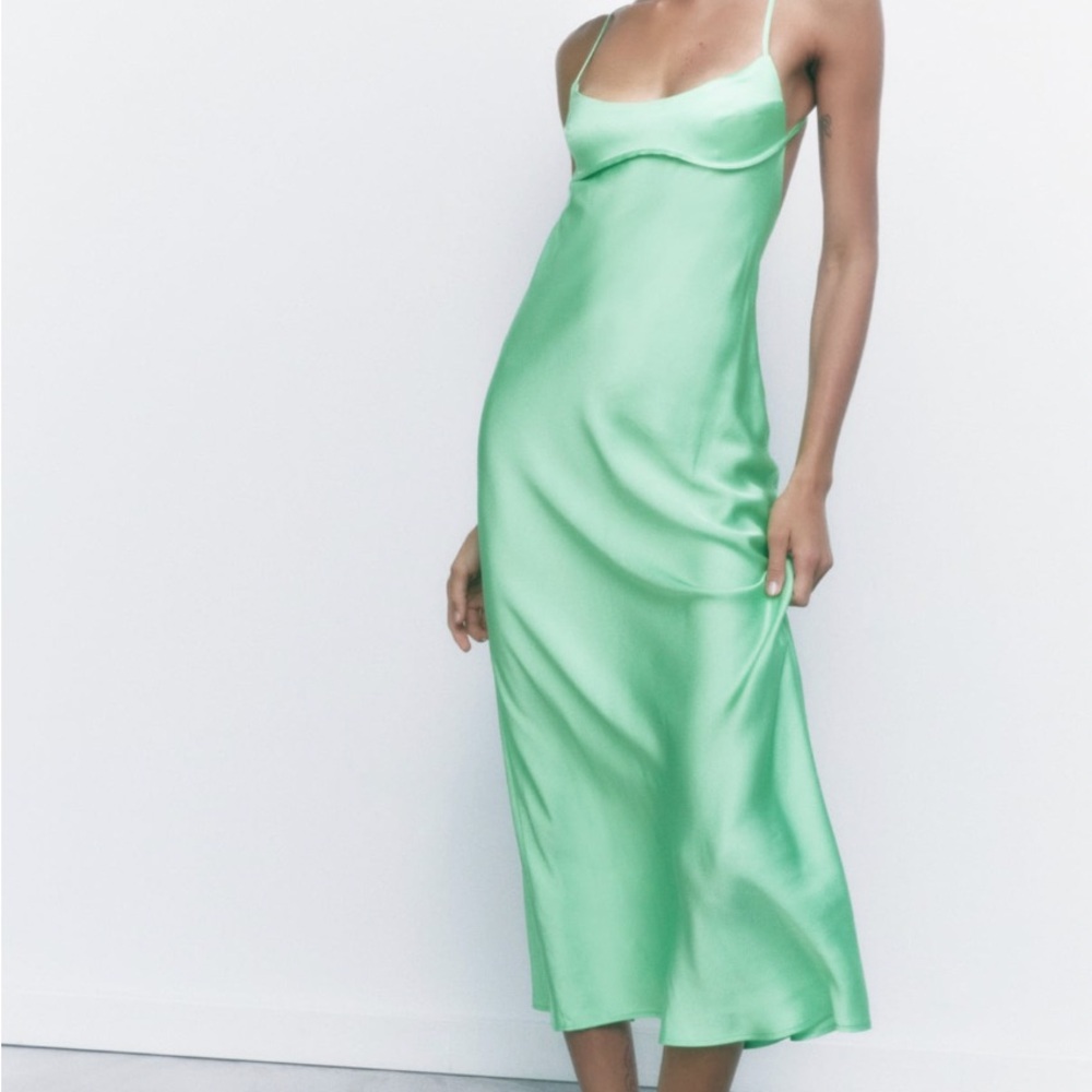 Zara Green Satin Effect Midi Dress